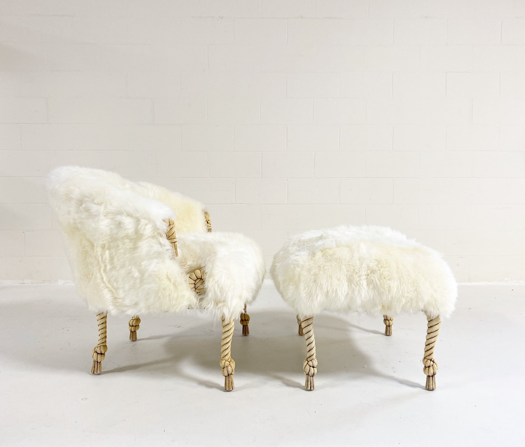 Napoleon III Style Twisted Rope and Tassel Carved Armchair and Ottoman Restored in Sheepskin