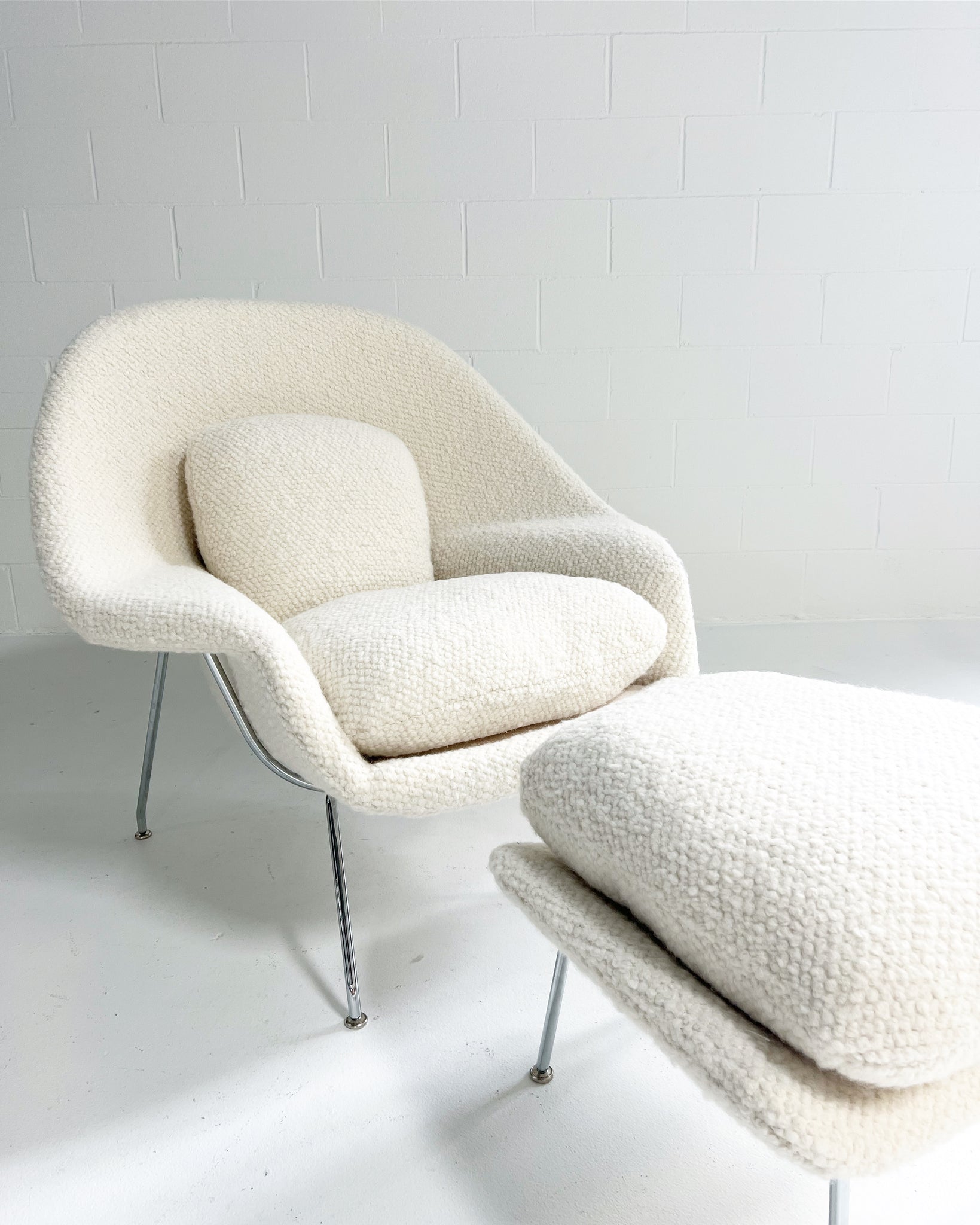 Bespoke Womb Chair and Ottoman in Dedar Boucle