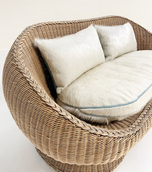 Rattan Loveseat with Custom Brazilian Cowhide and Leather Cushions