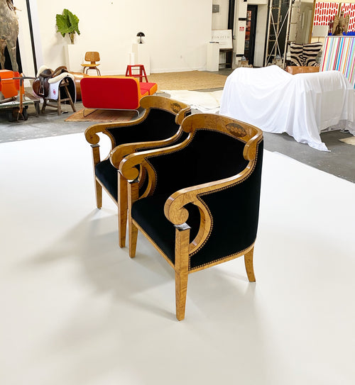 Biedermeier Marquetry Armchairs in Rose Uniacke Velvet, pair