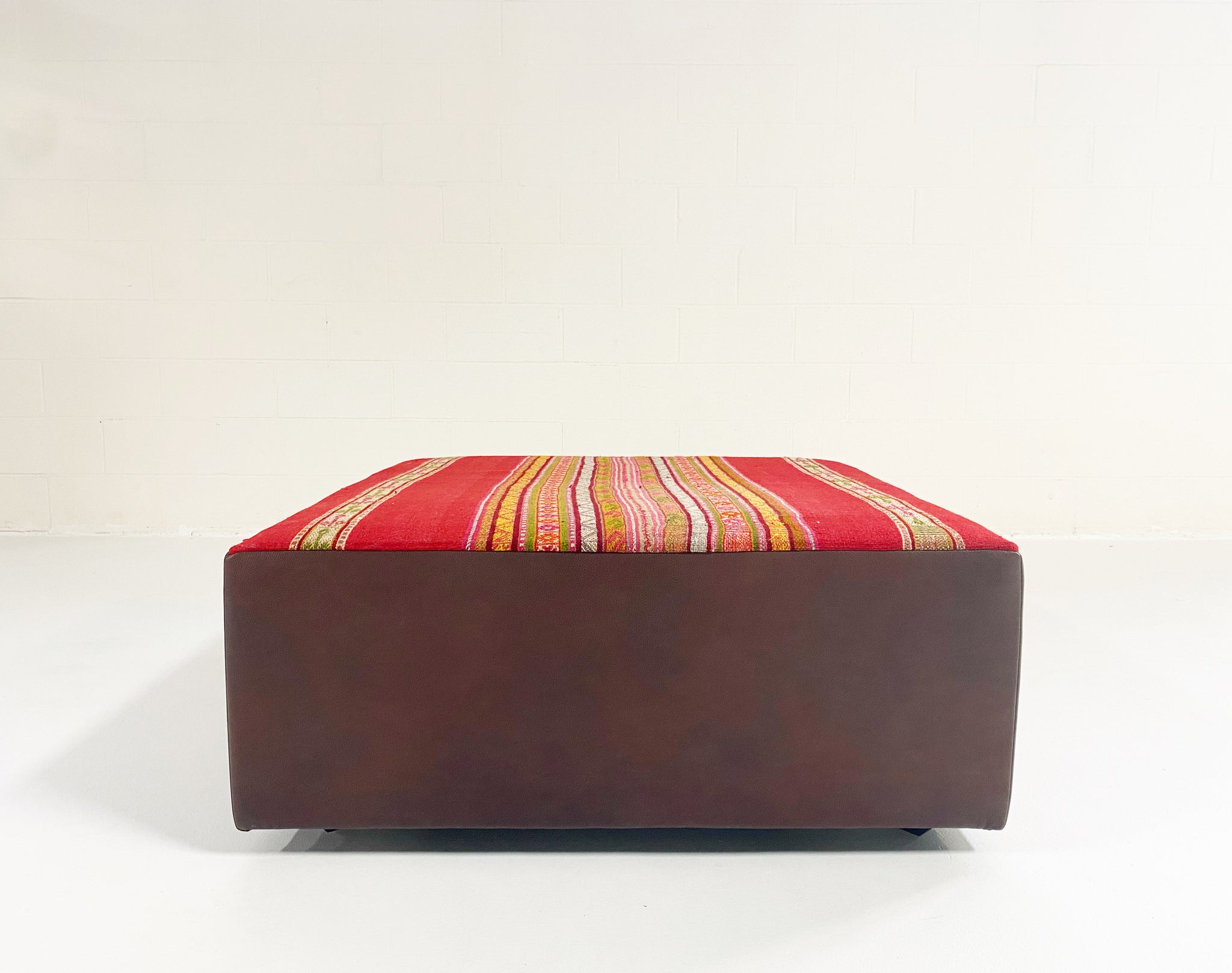 One-of-a-Kind Ottoman with Vintage Peruvian Textile, Red