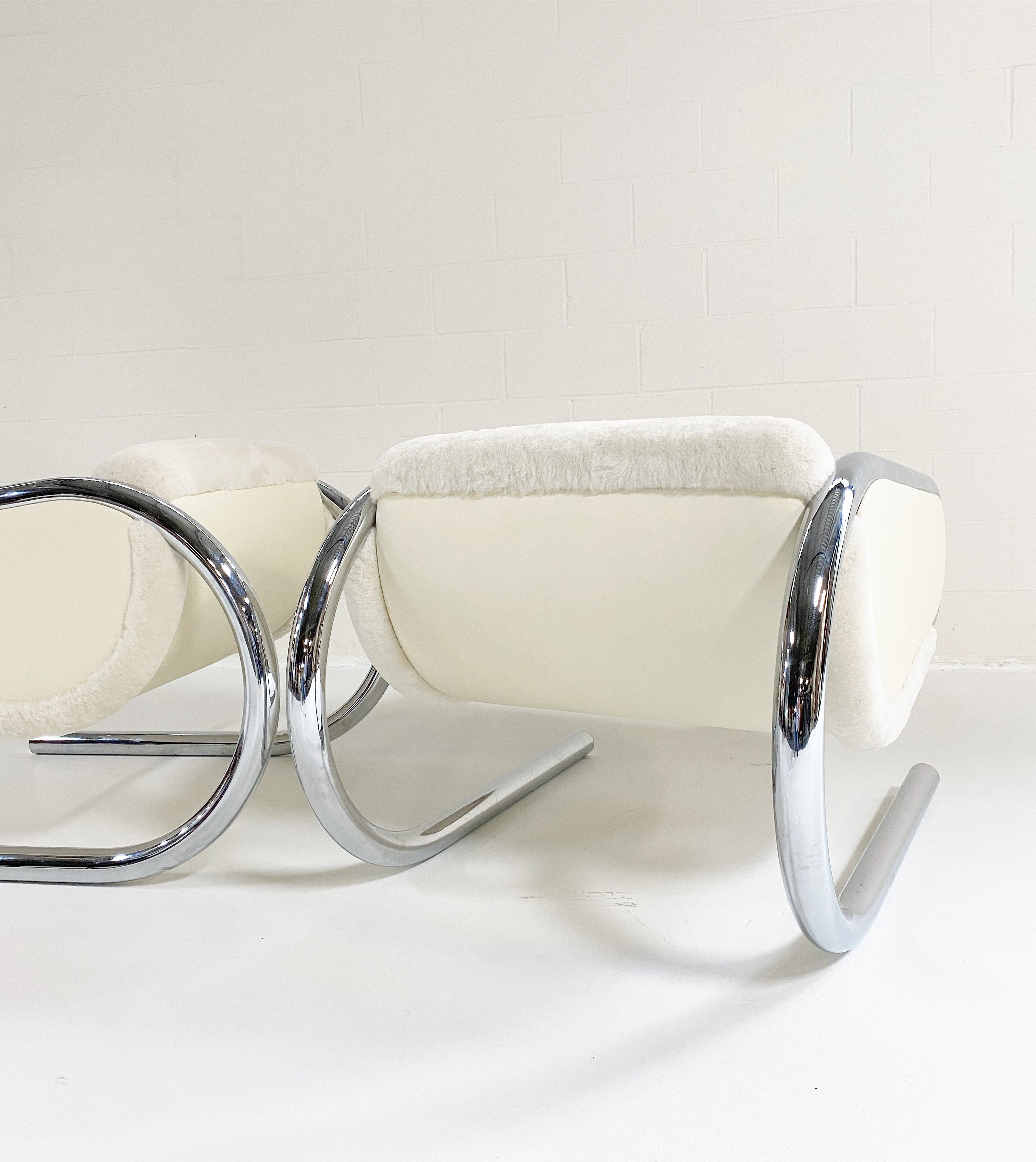 Chrome Lounge Chairs in Shearling and Leather