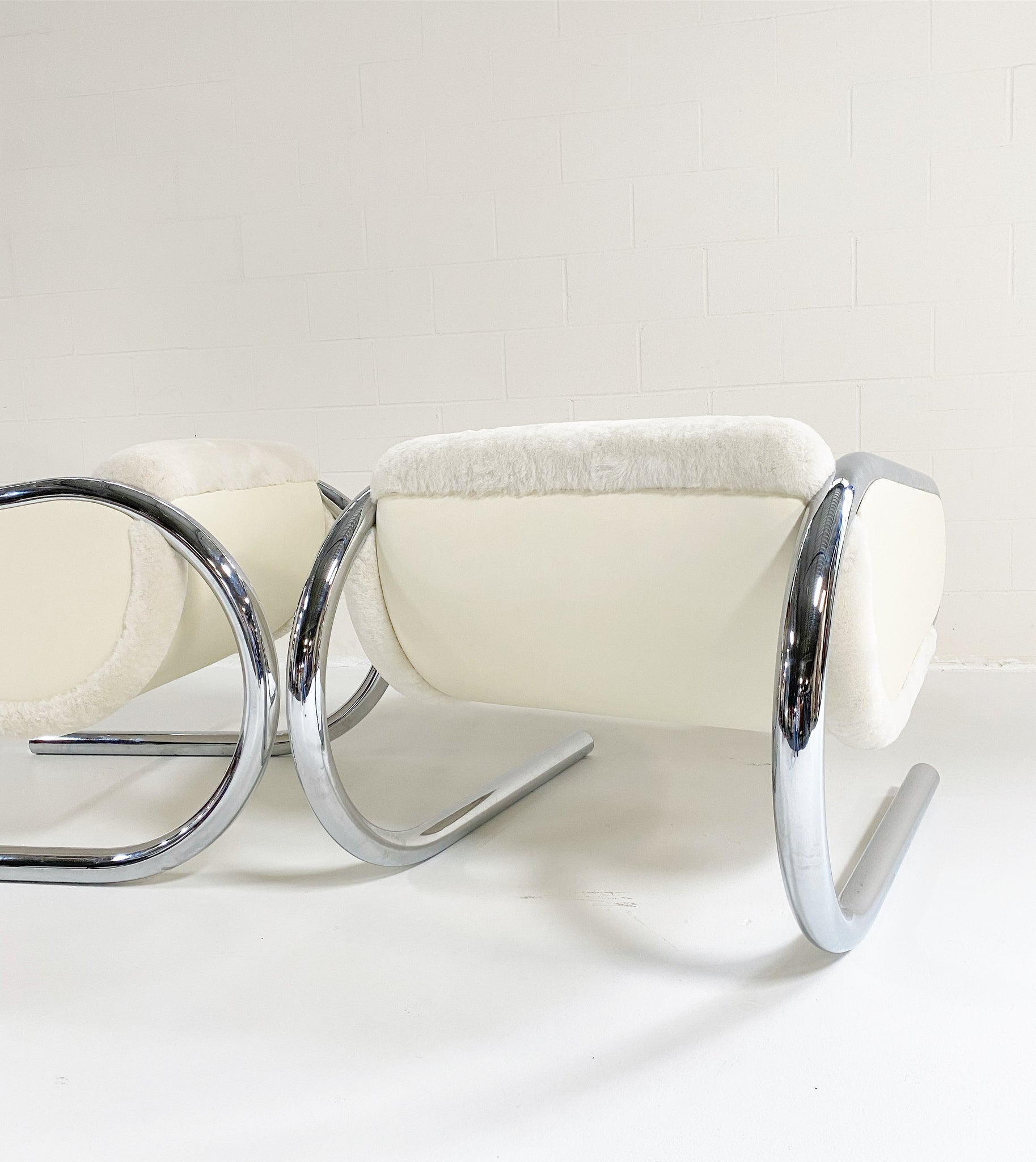 Chrome Lounge Chairs in Shearling and Leather