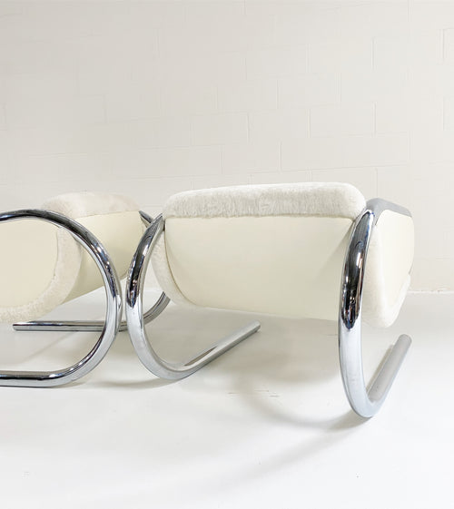 Chrome Lounge Chairs in Shearling and Leather