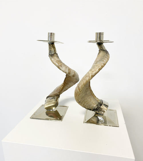 Horn and Silver Candlesticks, Pair