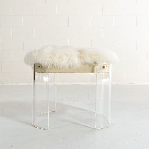 Charles Hollis Jones Style Lucite Vanity Stool in New Zealand Sheepskin