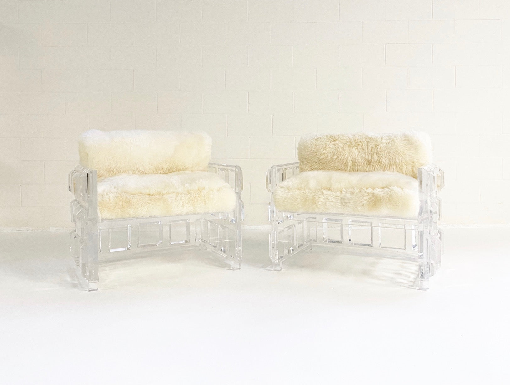 Lucite Chairs with Brazilian Sheepskin Cushions, pair - FORSYTH