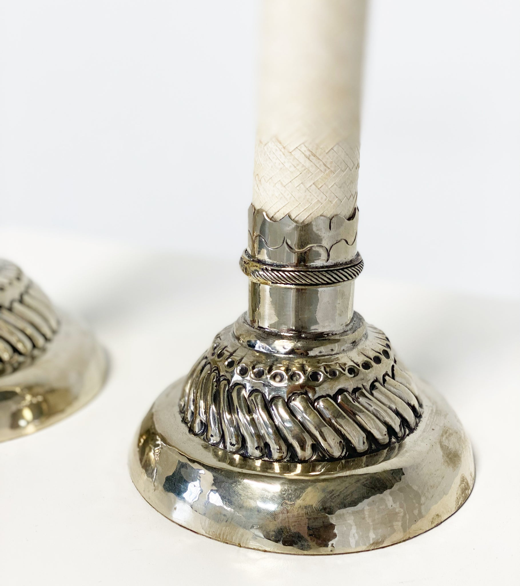 Silver and Leather Candlesticks, Pair