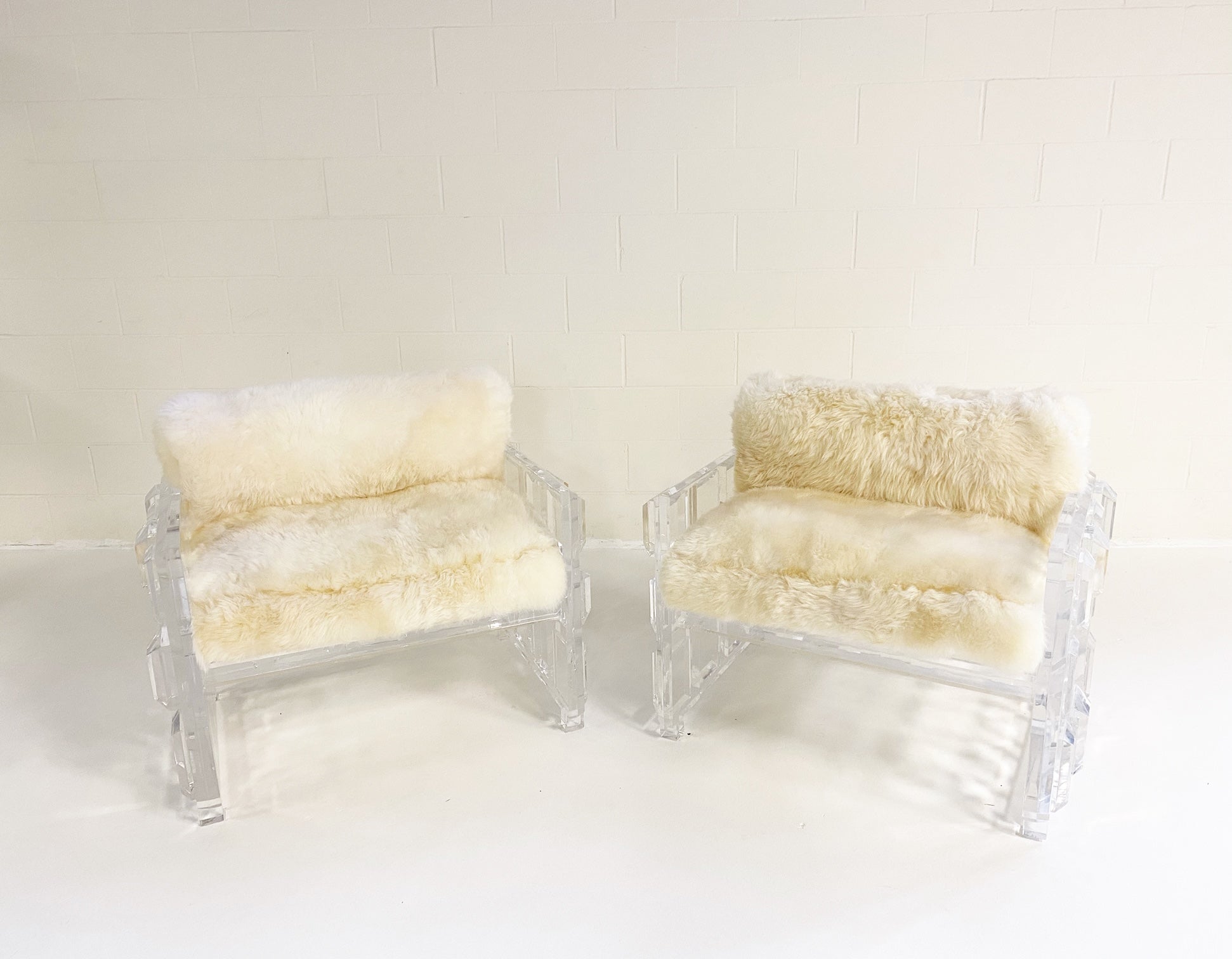 Lucite Chairs with Brazilian Sheepskin Cushions, pair - FORSYTH