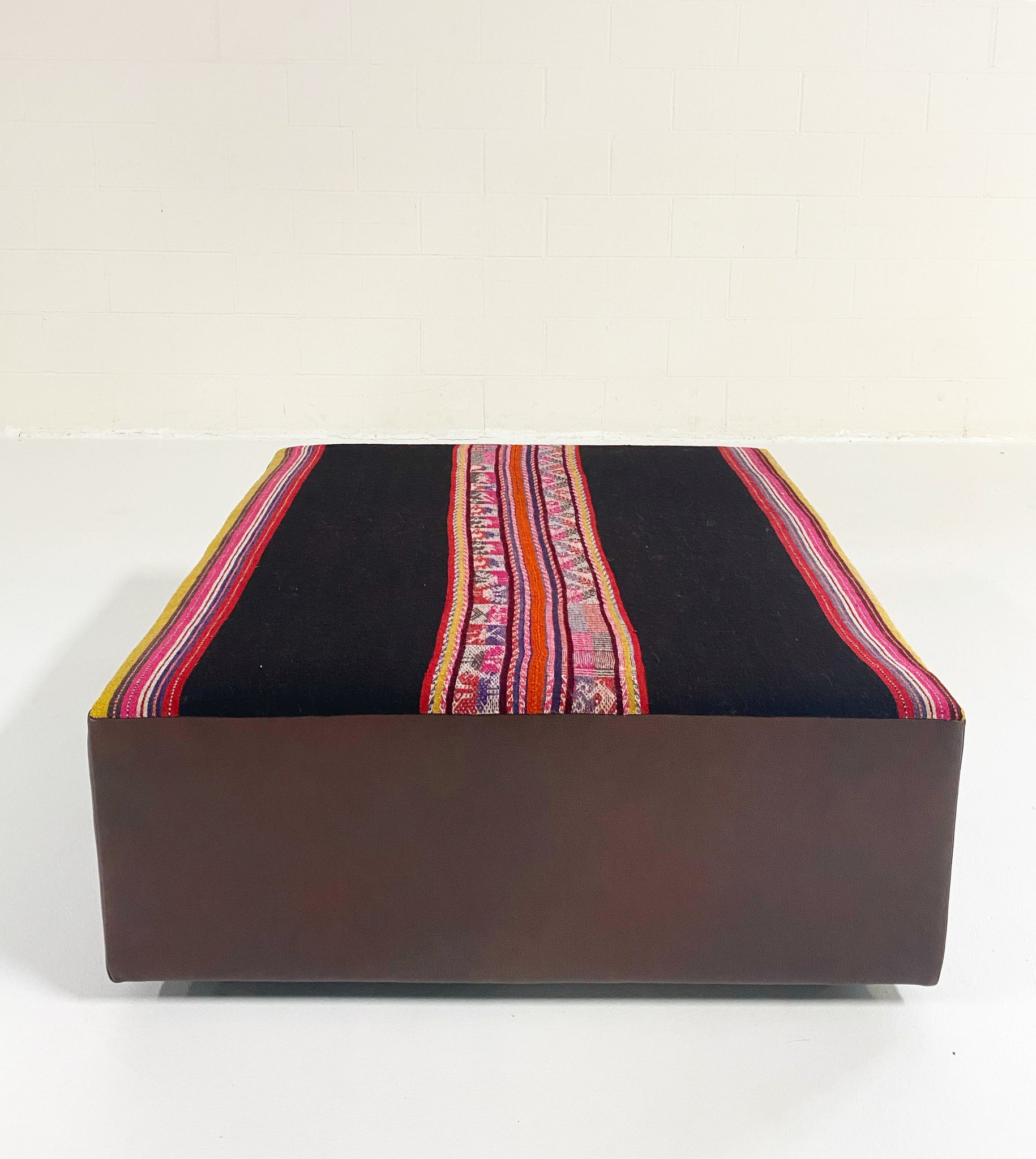 One-of-a-Kind Ottoman with Vintage Peruvian Textile, Black