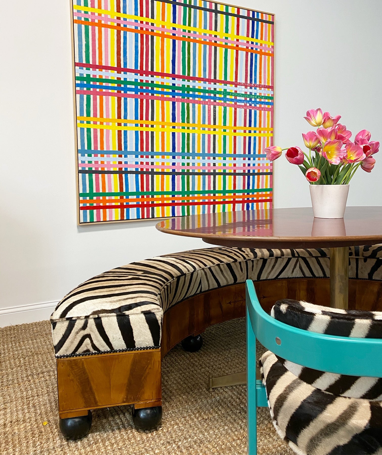 19th Century Fruitwood Banquette in Zebra Hide - FORSYTH