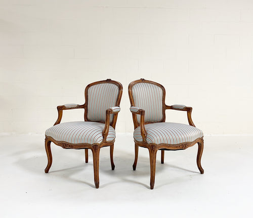 Louis XV Style Beech Fauteuils in Dedar Stripe, Pair