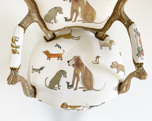 18th c. Louis XV Fauteuil Chair in Chelsea Textiles 'Dogs Socialising'