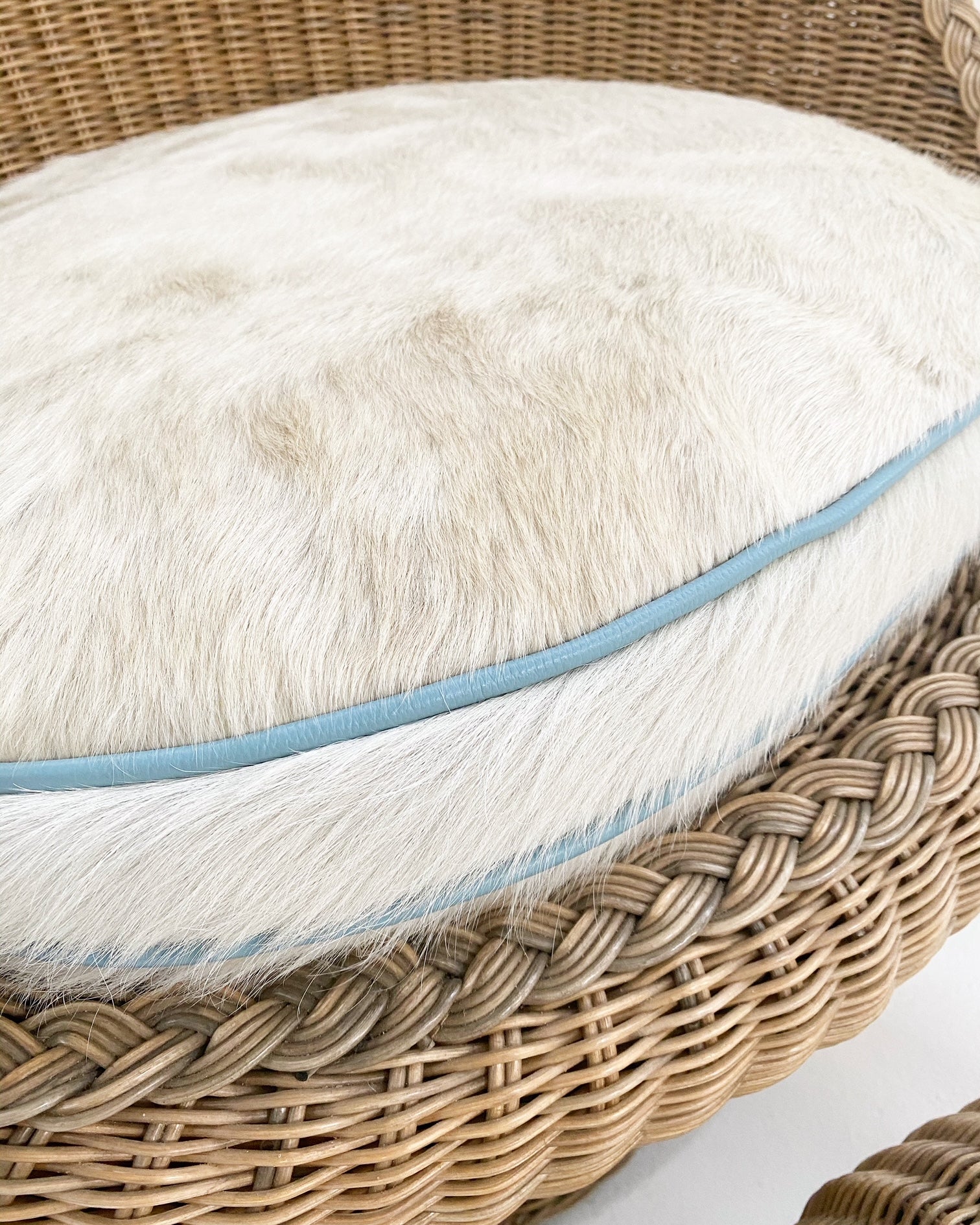 Rattan Chair and Ottoman Set with Custom Brazilian Cowhide and Leather Cushions