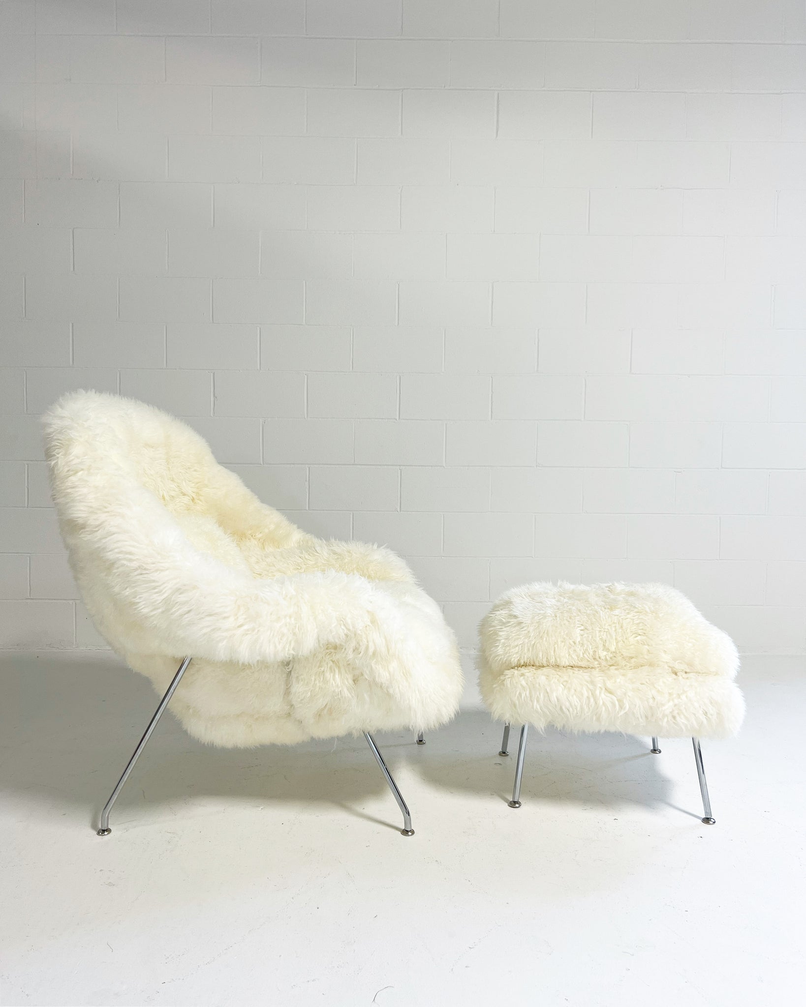 Bespoke Womb Chair and Ottoman in Wavy New Zealand Sheepskin