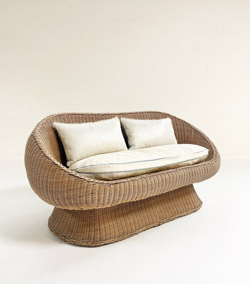 Rattan Loveseat with Custom Brazilian Cowhide and Leather Cushions