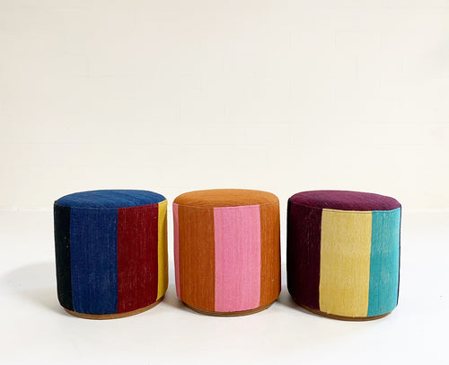 Stripe Wool Pouf Ottoman - Blue