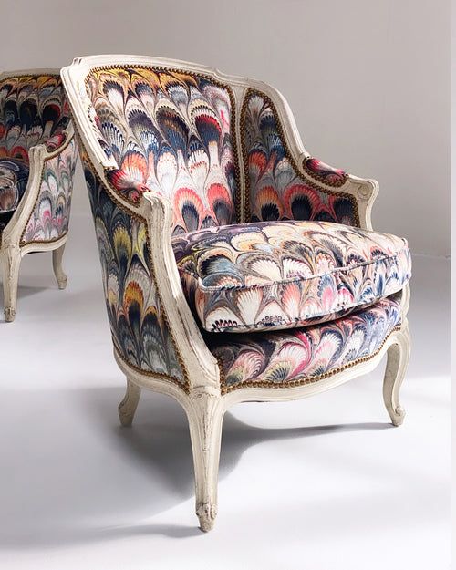 Vintage French Armchairs in Beata Heuman Marbleized Velvet, Pair