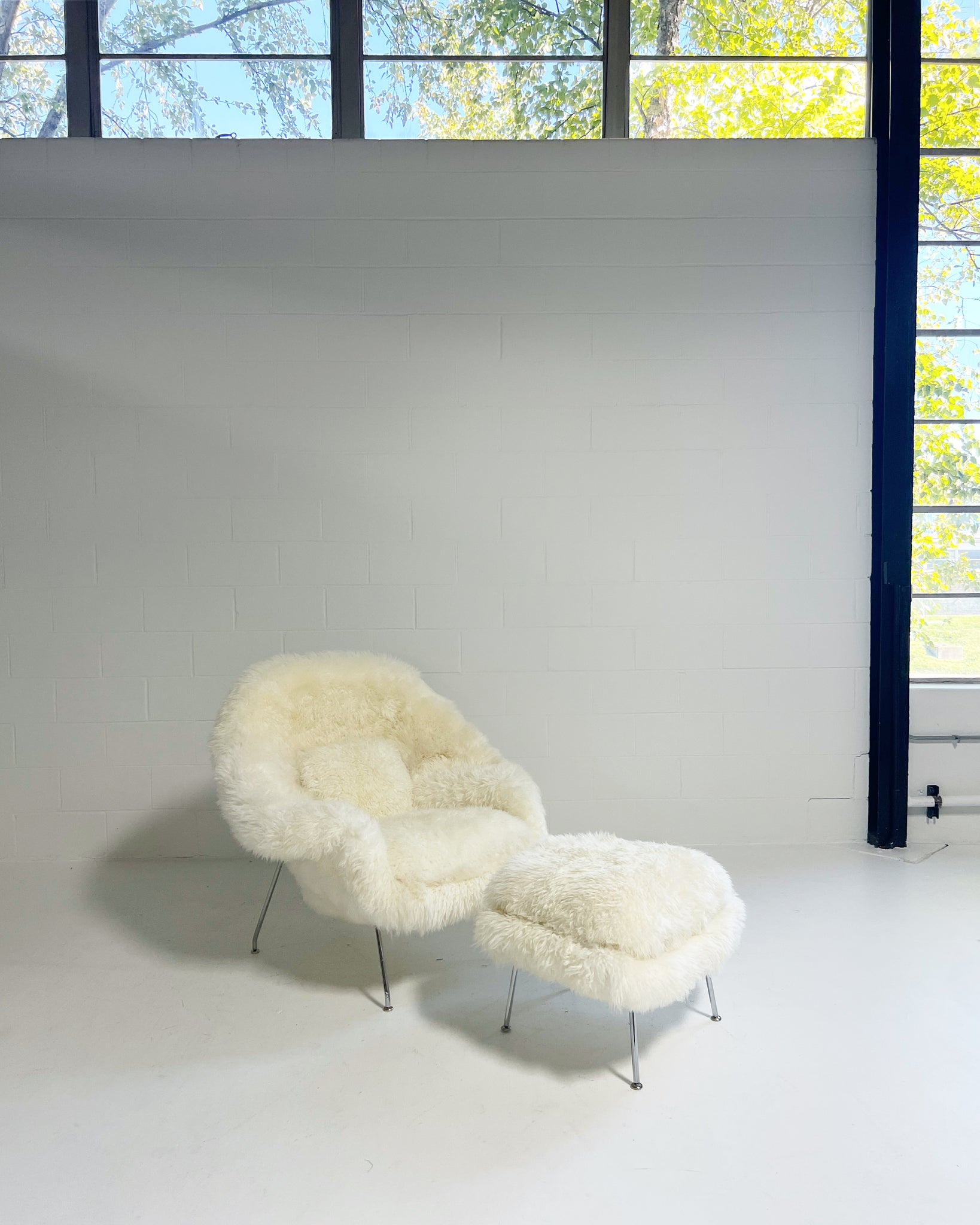 Bespoke Womb Chair and Ottoman in Wavy New Zealand Sheepskin