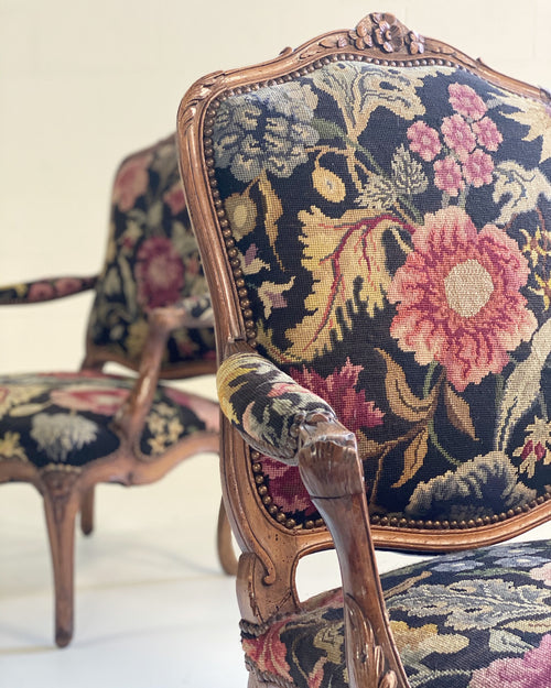 Antique 18th Century Provincial Louis XV Fauteuils, Pair