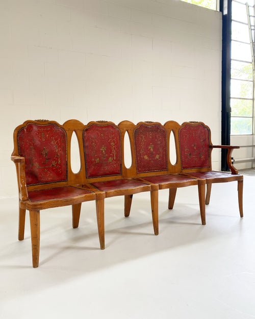 Vintage English Pine and Embossed Leather Bench