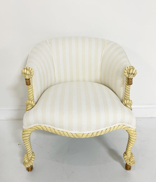 Napoleon III Style Twisted Rope and Tassel Carved Armchair and Pouf Ottoman in Attersee