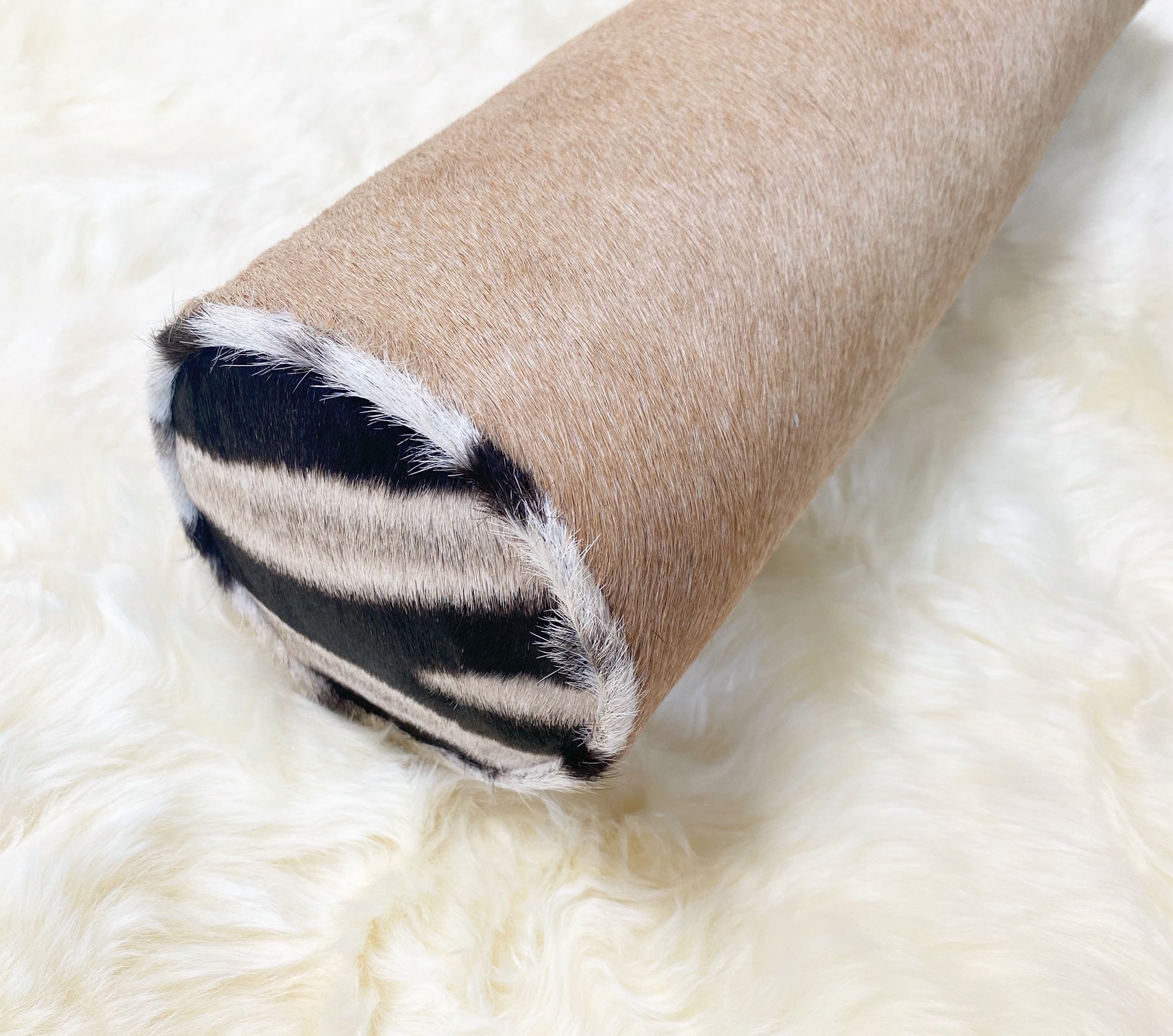 Palomino Cowhide and Zebra Hide Bolster Pillow, 20"