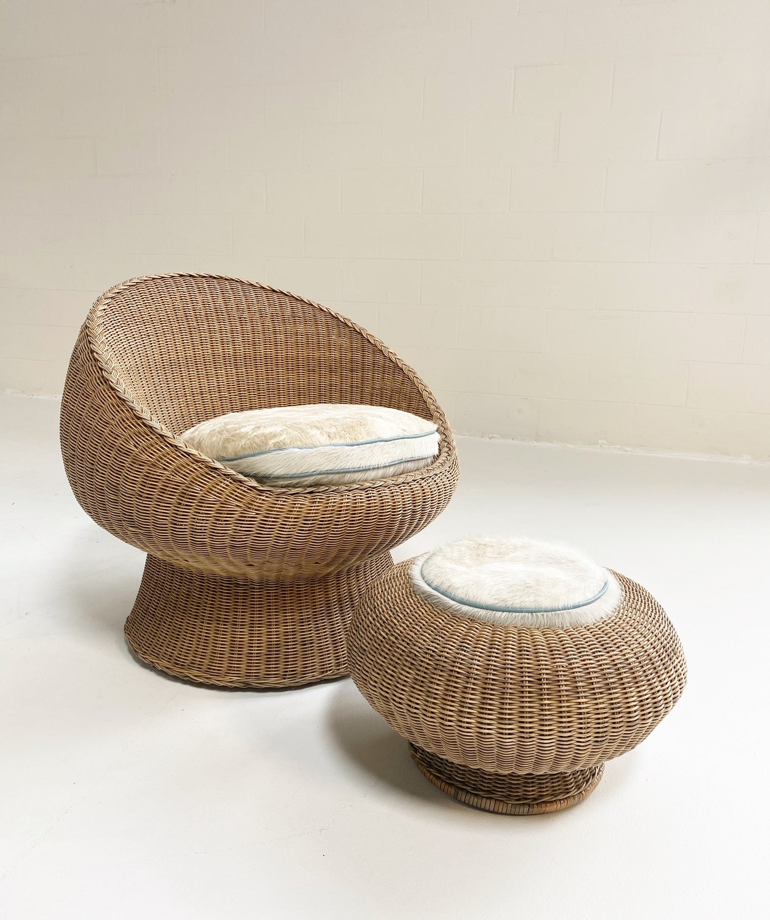 Rattan Chair and Ottoman Set with Custom Brazilian Cowhide and Leather Cushions
