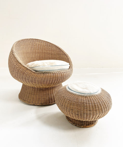 Rattan Chair and Ottoman Set with Custom Brazilian Cowhide and Leather Cushions