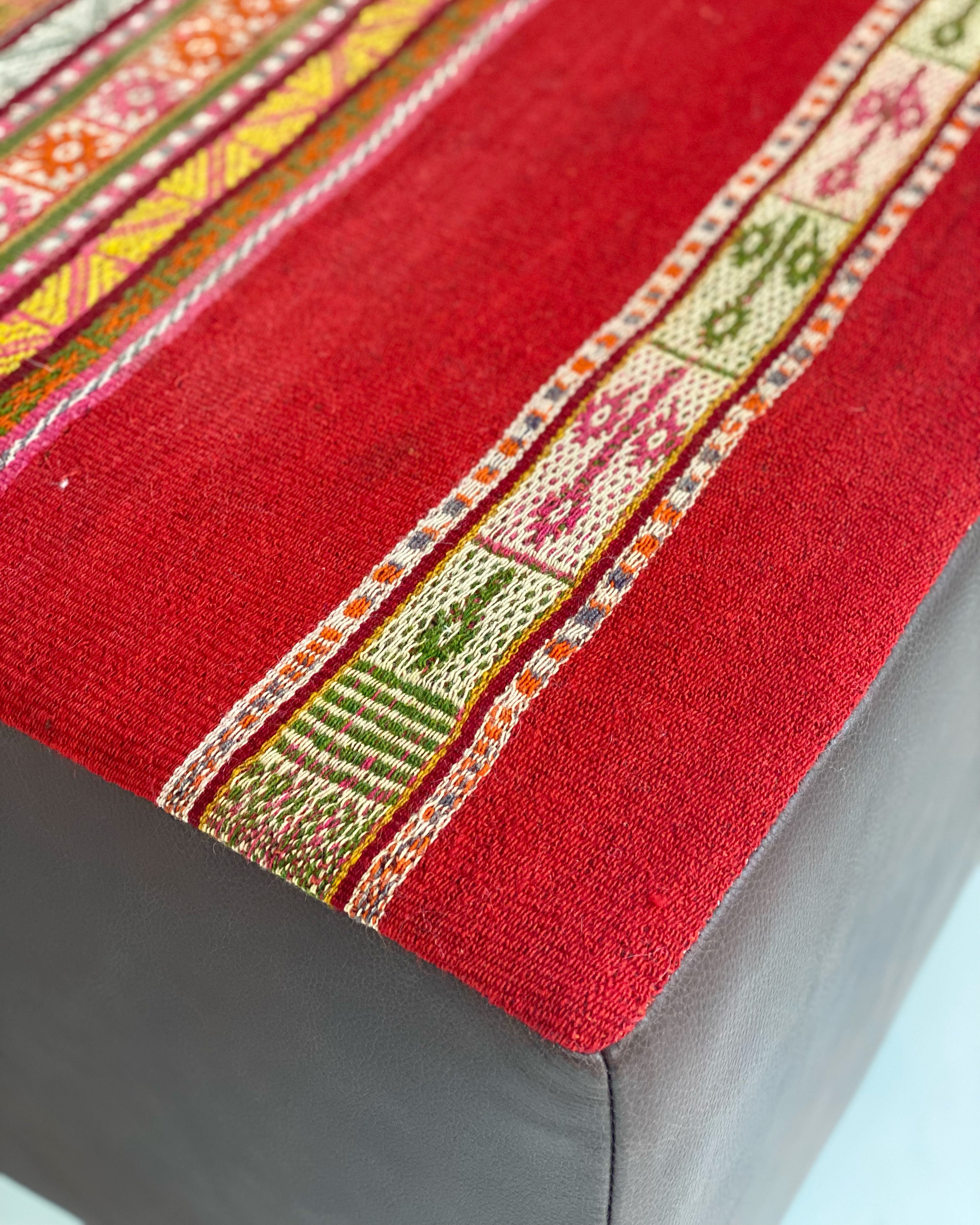 One-of-a-Kind Ottoman with Vintage Peruvian Textile, Red