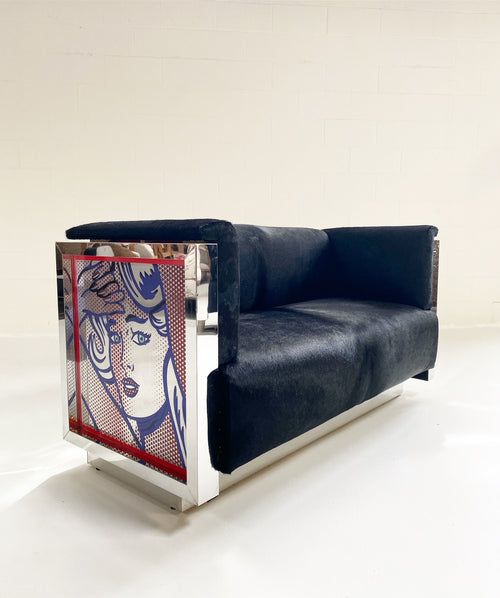 Chrome-plated Loveseat and Lounge Chairs with Lichtenstein Style Art in Brazilian Cowhide