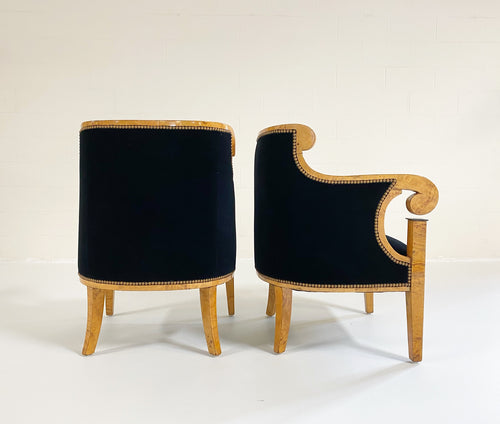 Biedermeier Marquetry Armchairs in Rose Uniacke Velvet, pair