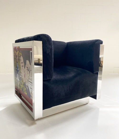 Chrome-plated Loveseat and Lounge Chairs with Lichtenstein Style Art in Brazilian Cowhide