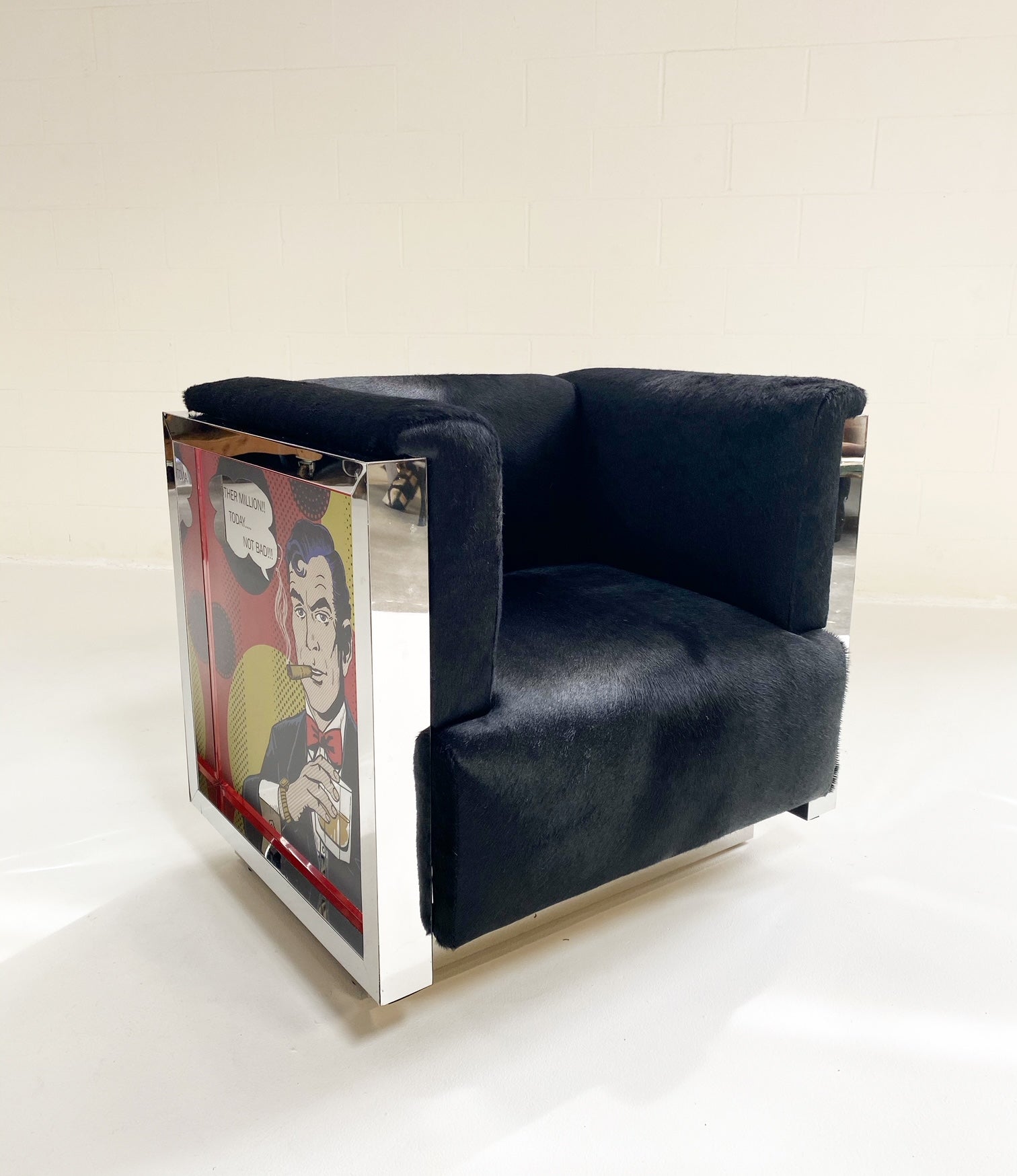 Chrome-plated Loveseat and Lounge Chairs with Lichtenstein Style Art in Brazilian Cowhide