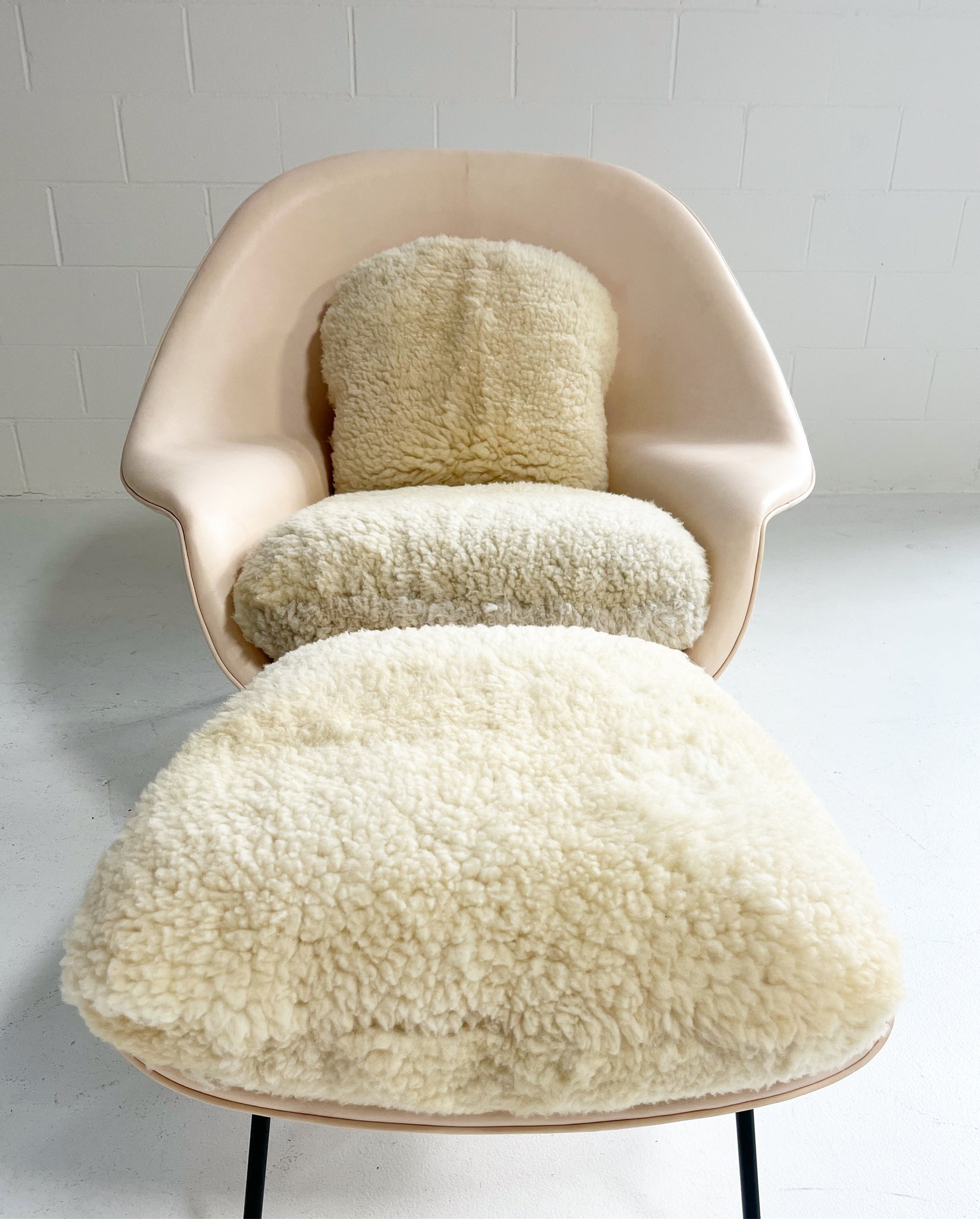 One-of-a-Kind Womb Chair and Ottoman in Leather and Sheepskin