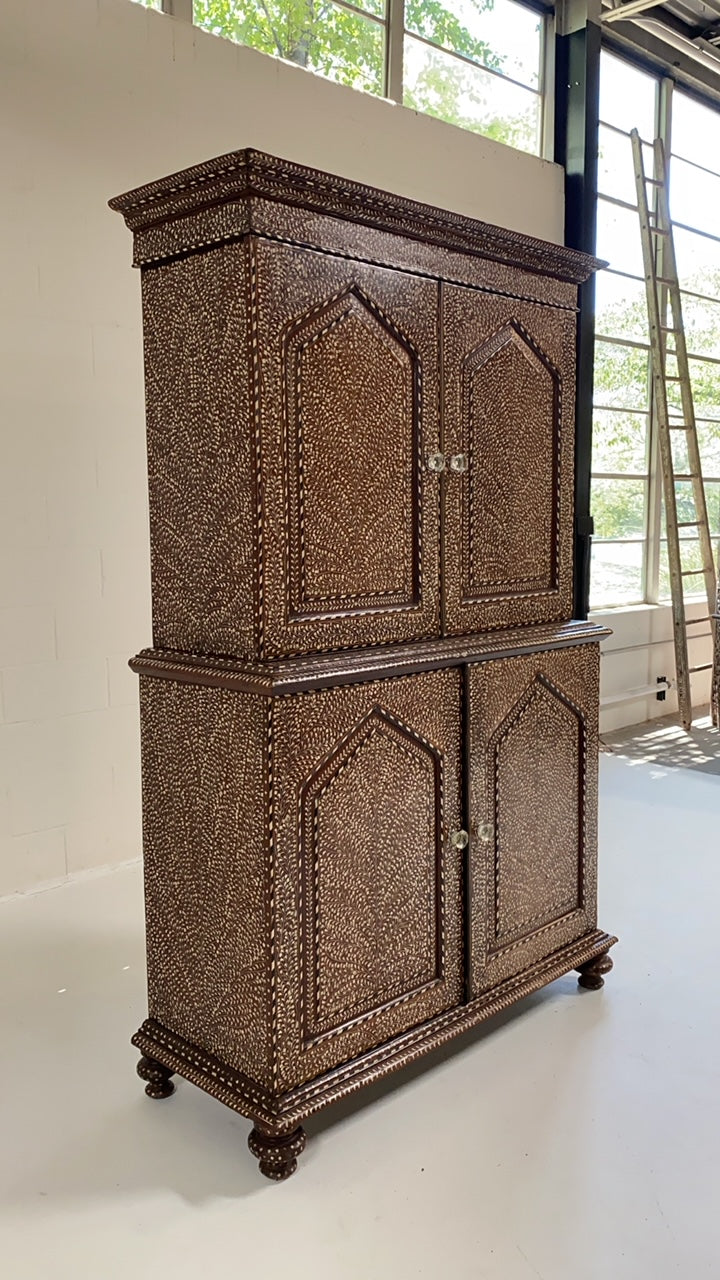 19th Century Anglo-Colonial Two-Part Bone Inlaid Cabinet