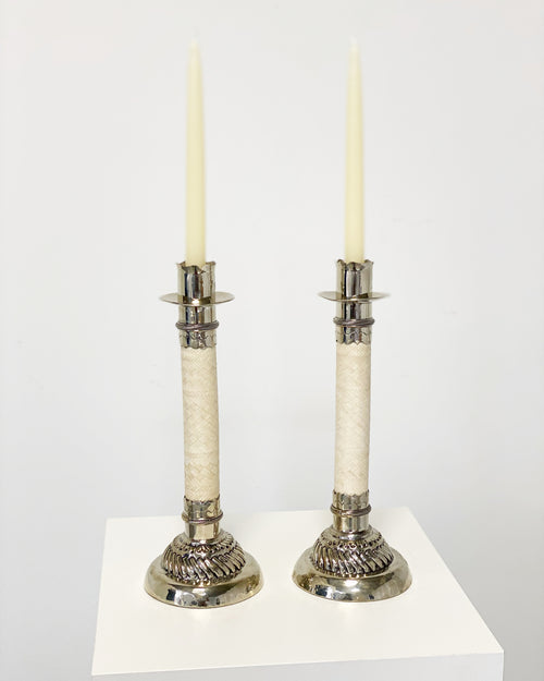 Silver and Leather Candlesticks, Pair