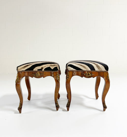 Rococo Style Tabourets in Zebra Hide, pair