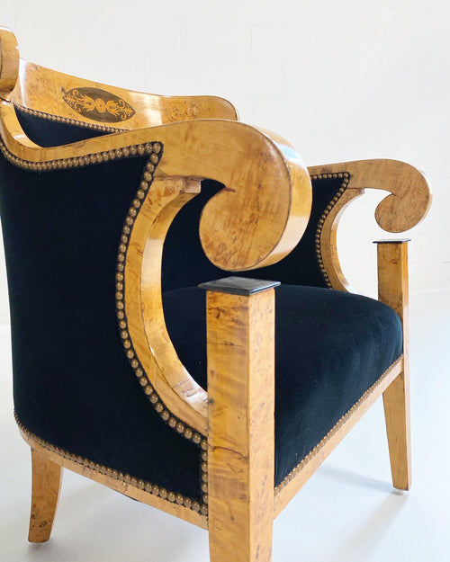 Biedermeier Marquetry Armchairs in Rose Uniacke Velvet, pair