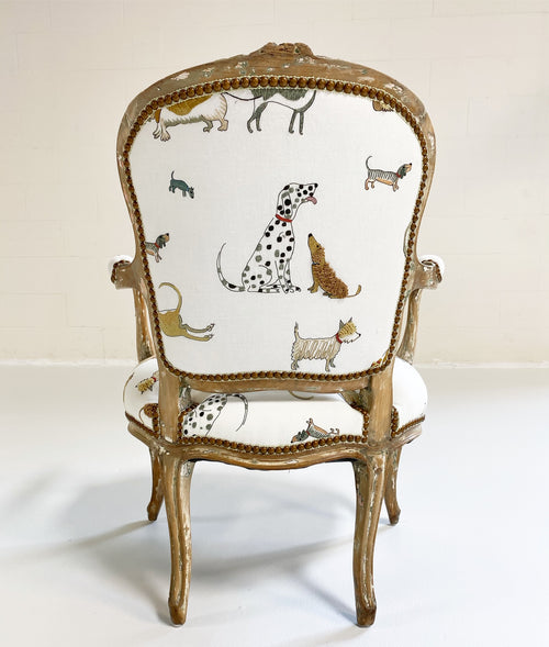 18th c. Louis XV Fauteuil Chair in Chelsea Textiles 'Dogs Socialising'