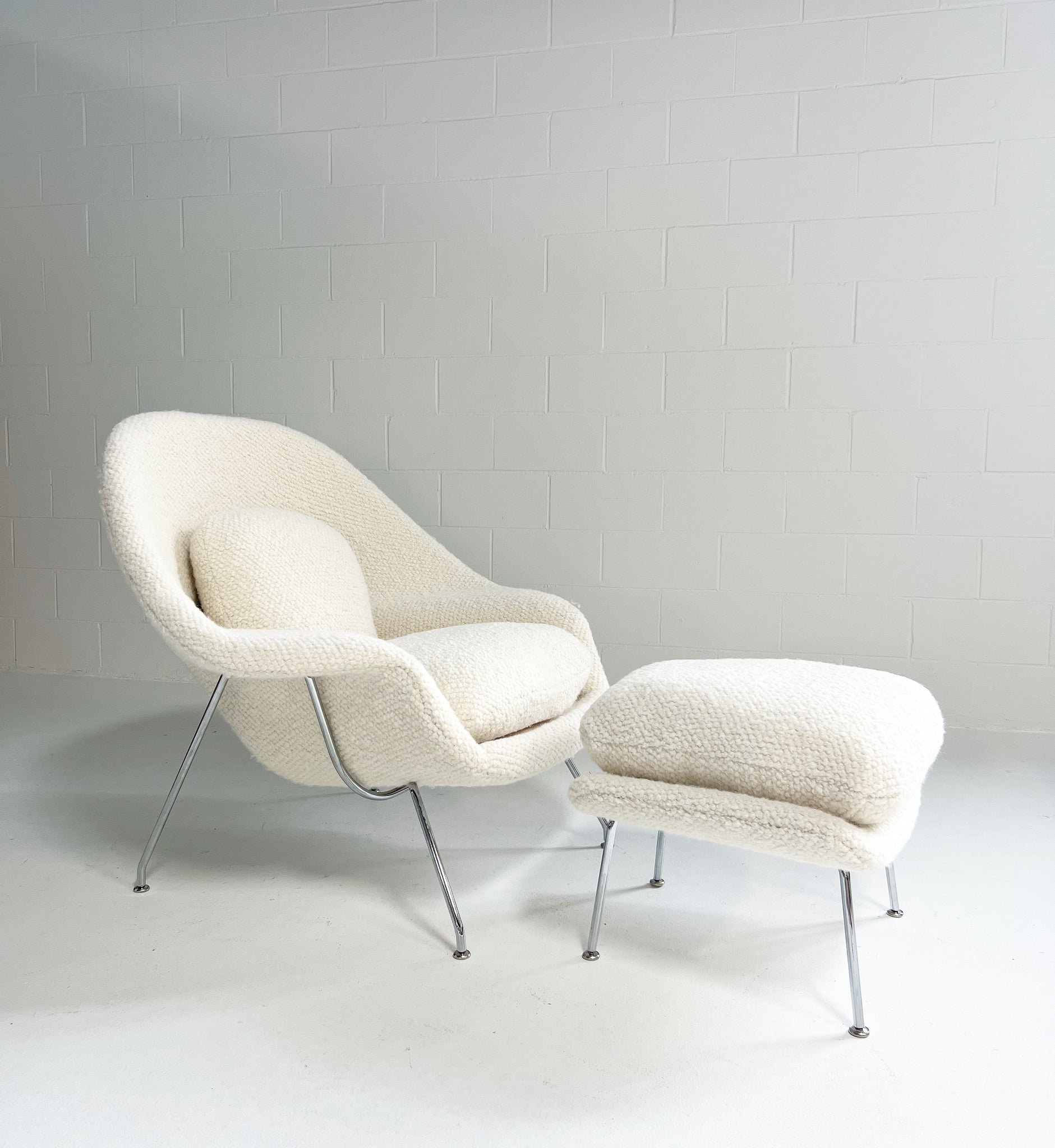 Bespoke Womb Chair and Ottoman in Dedar Boucle