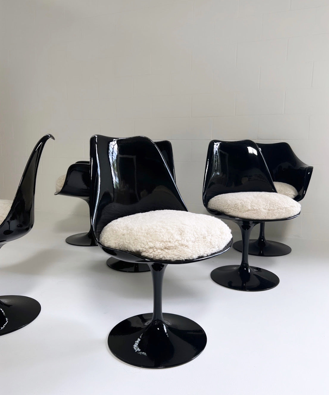 Tulip Chairs with Custom Shearling Cushions, Set of 6