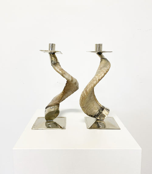 Horn and Silver Candlesticks, Pair