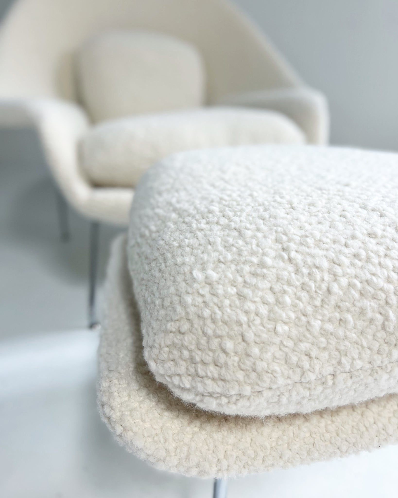 Bespoke Womb Chair and Ottoman in Dedar Boucle