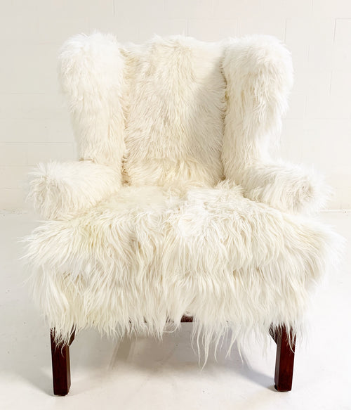 Large Wingback Chair and Ottoman in Angora Goatskin - FORSYTH