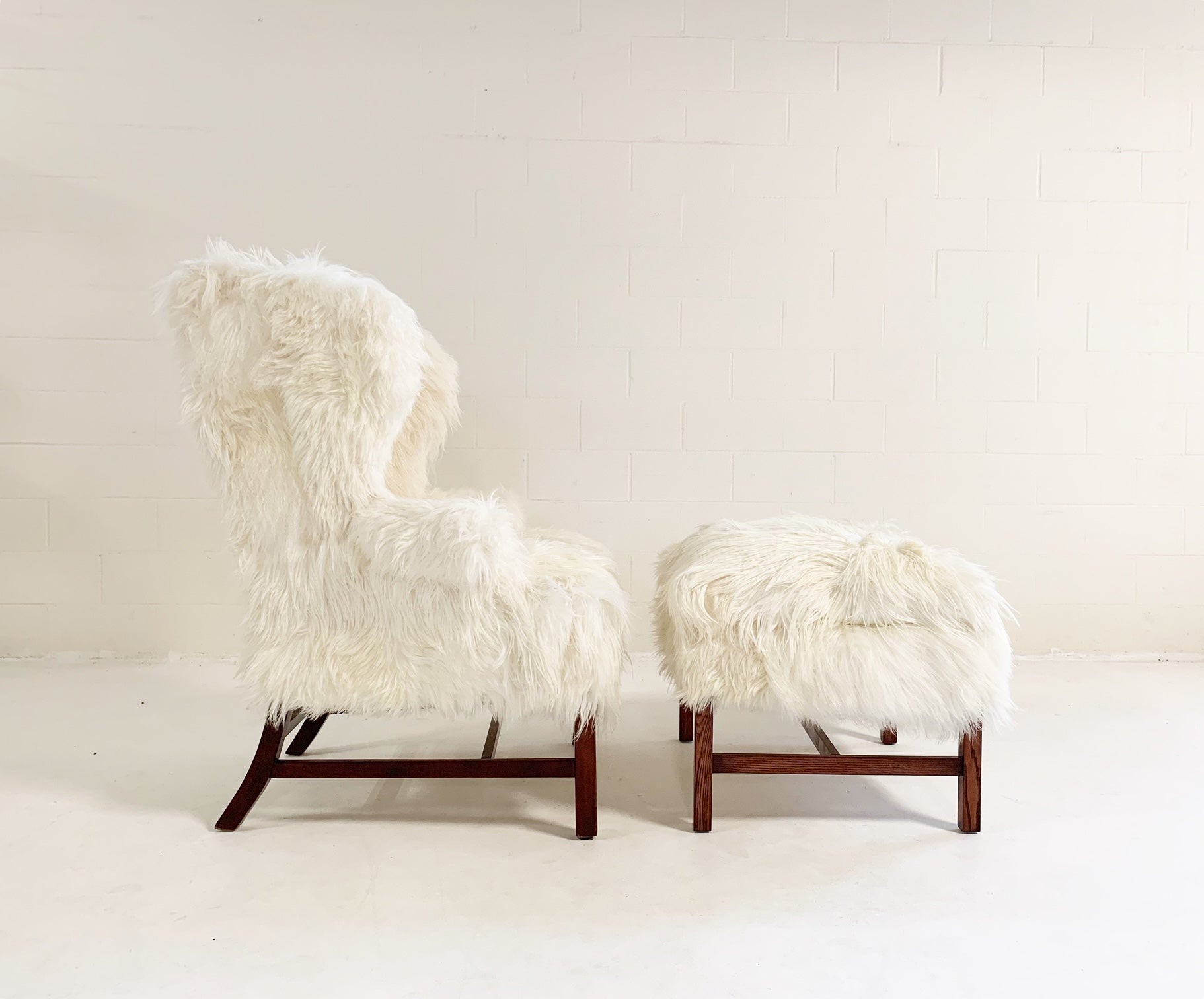 Large Wingback Chair and Ottoman in Angora Goatskin - FORSYTH
