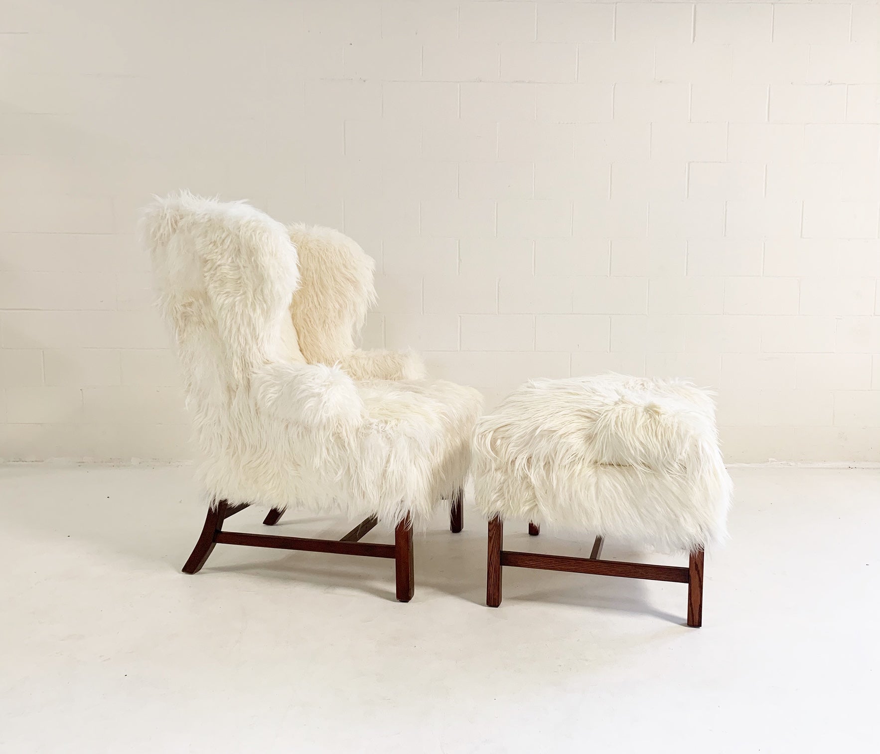 Large Wingback Chair and Ottoman in Angora Goatskin - FORSYTH