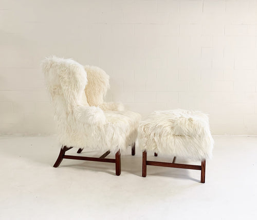 Large Wingback Chair and Ottoman in Angora Goatskin - FORSYTH