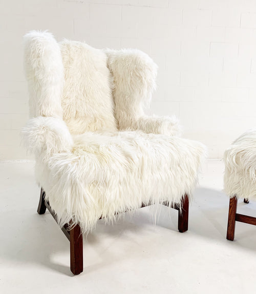 Large Wingback Chair and Ottoman in Angora Goatskin - FORSYTH