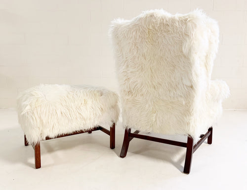 Large Wingback Chair and Ottoman in Angora Goatskin - FORSYTH